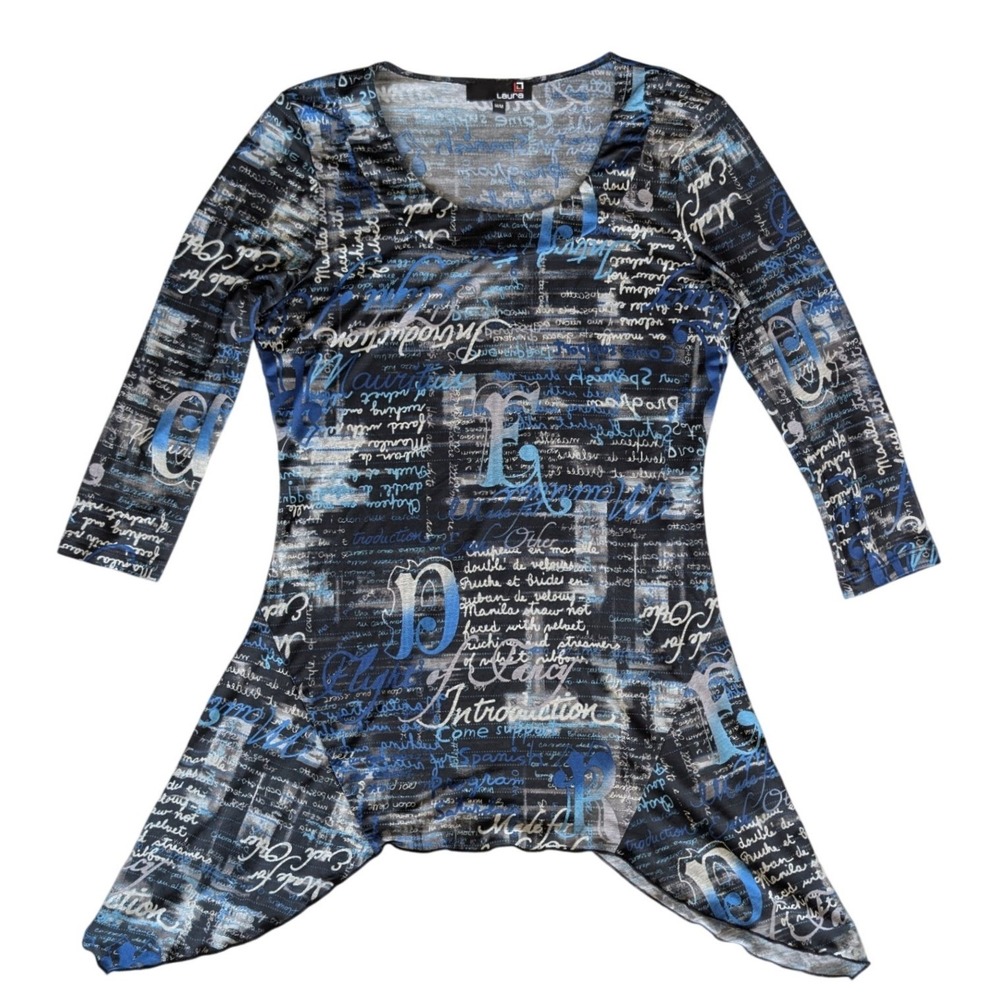 Vintage Laura Medium‎ Blue Black Pattern Whimsigoth Long Sleeve Top